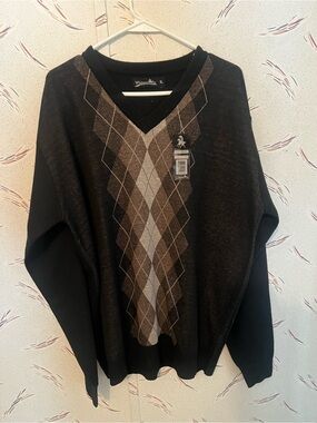 Whipper In Black V-Neck Argyle Pullover Sweater - XL